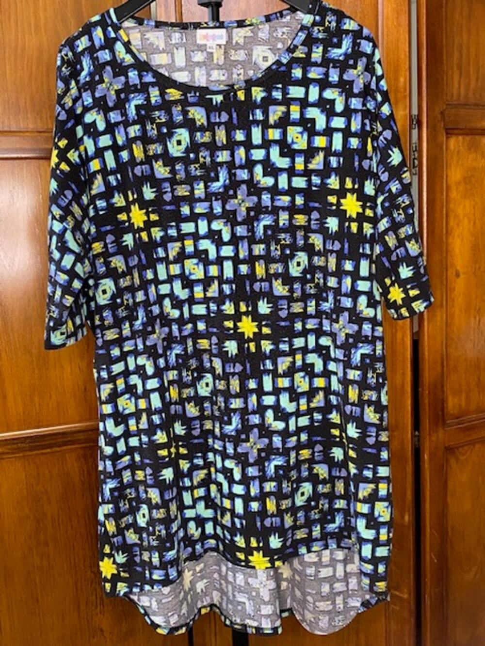 LuLaRoe Irma Tunic Top XL Black Blue Yellow Abstract Geometric High Low